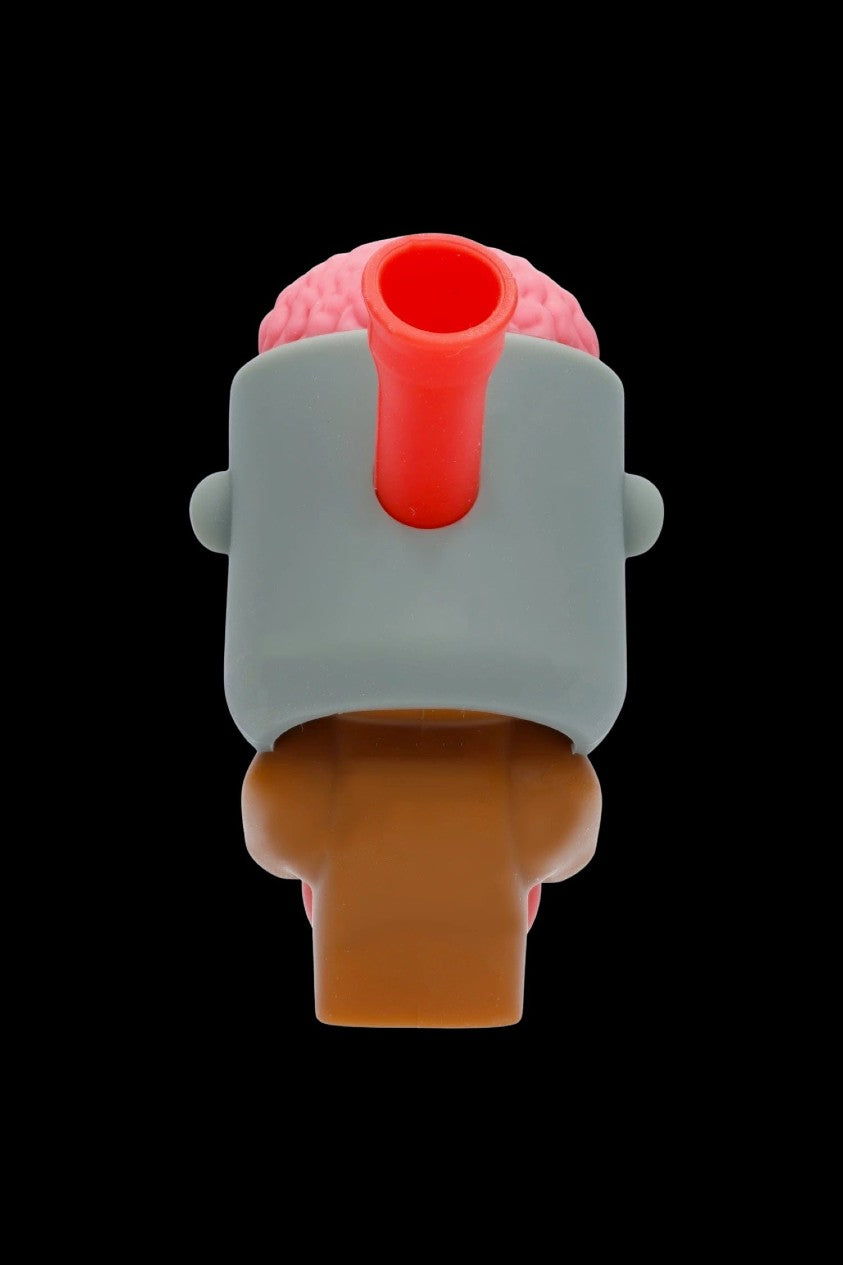 A stylized, colorful glass pipe resembling a cartoon brain, with a reddish-orange mouthpiece and teal body, set against a black background.