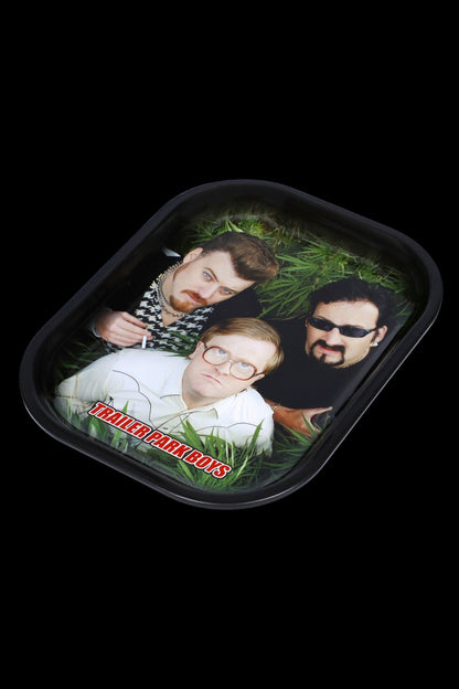 Metal rolling tray featuring characters from the Canadian comedy series *Trailer Park Boys* surrounded by cannabis leaves.