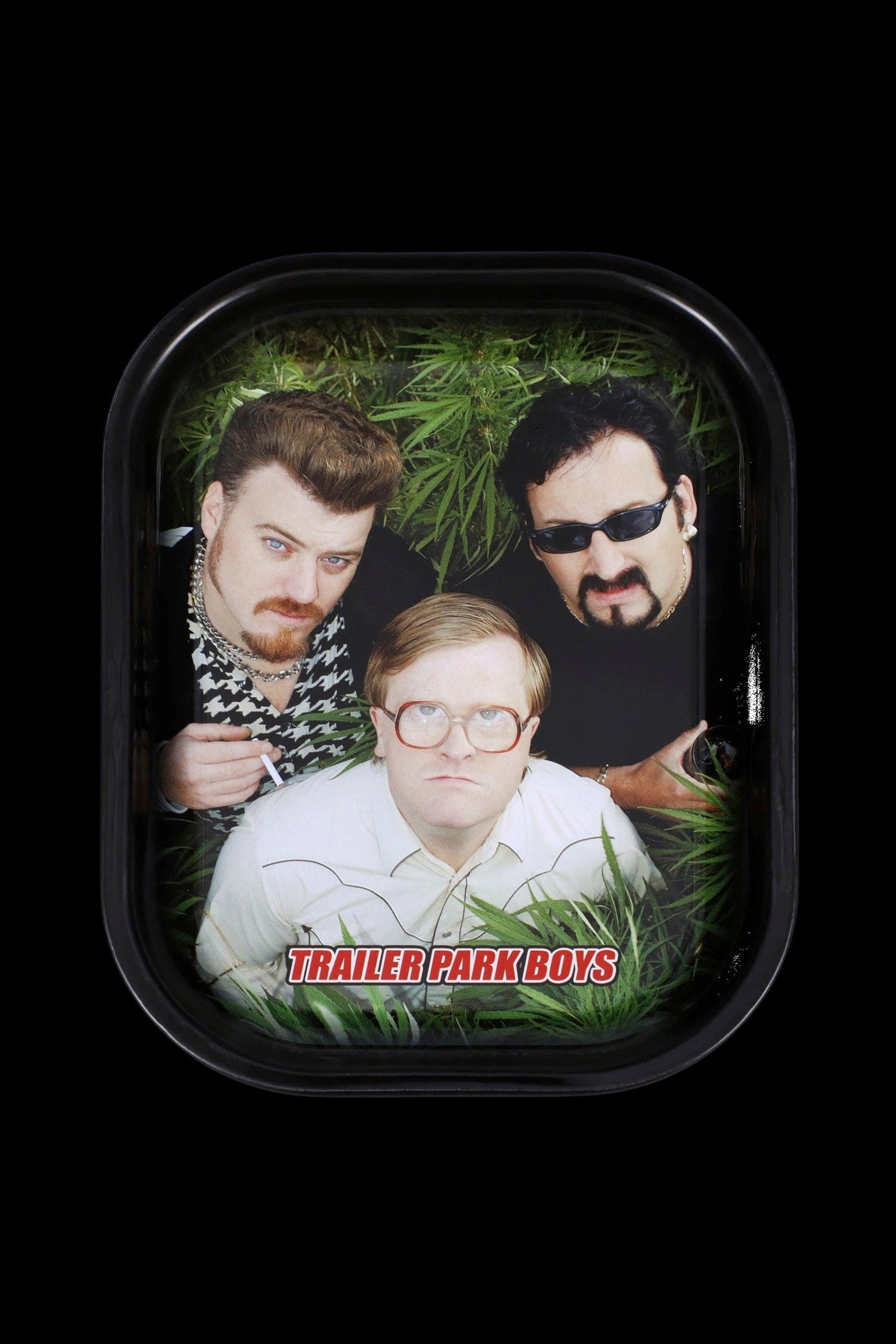 Rolling tray featuring characters from Trailer Park Boys surrounded by cannabis leaves.