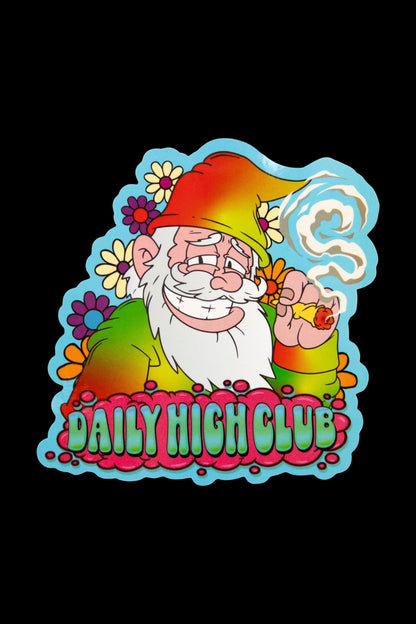 Cartoon gnome smoking with text "DAILY HIGH CLUB" surrounded by flowers.
