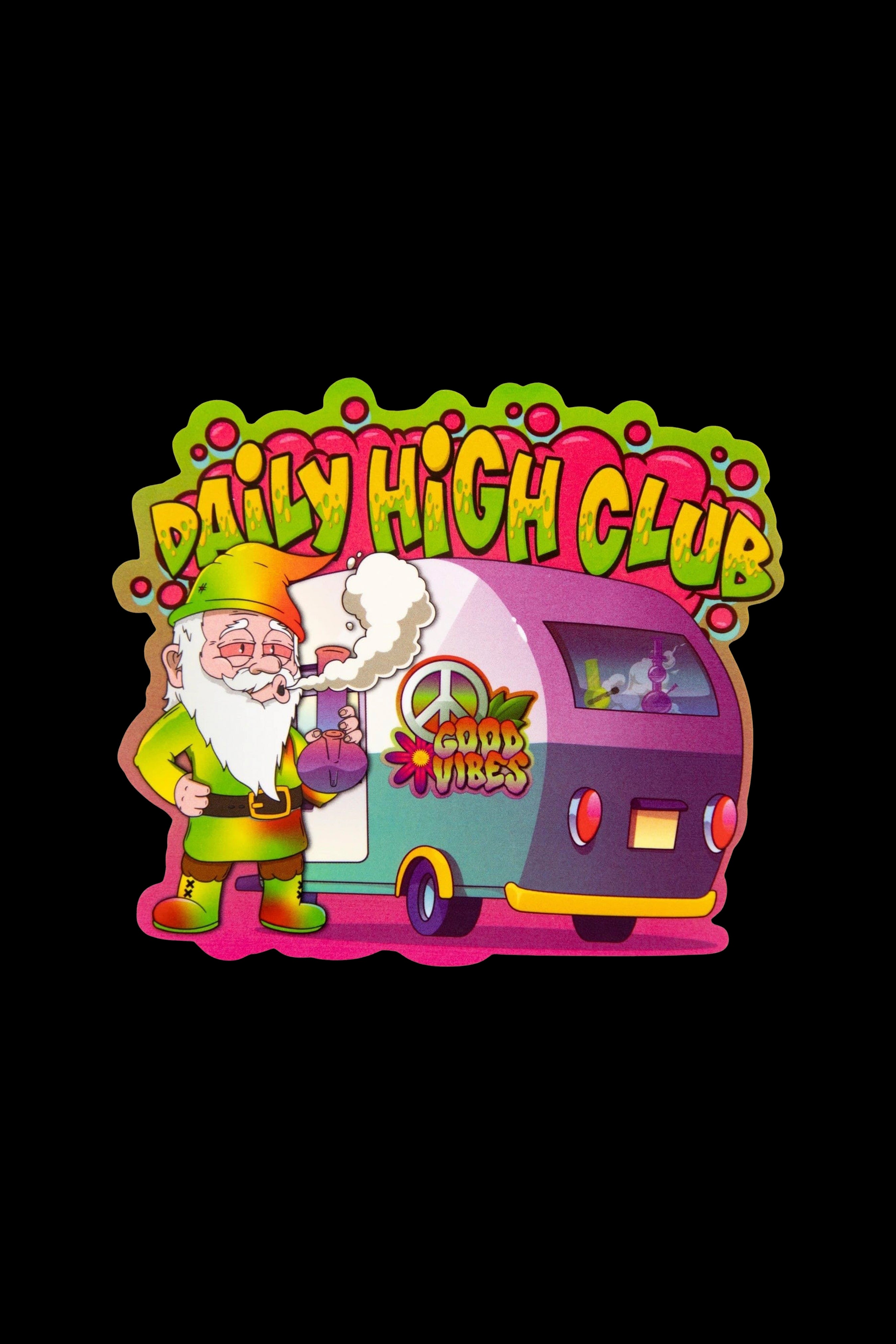 Retro-style illustration of a gnome smoking next to a vintage van labeled “Daily High Club” with a peace sign and “Good Vibes” text. <start_of_image>