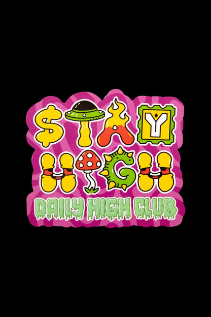 Psychedelic sticker design featuring mushrooms, UFOs, and the text "DAILY HIGH CLUB."