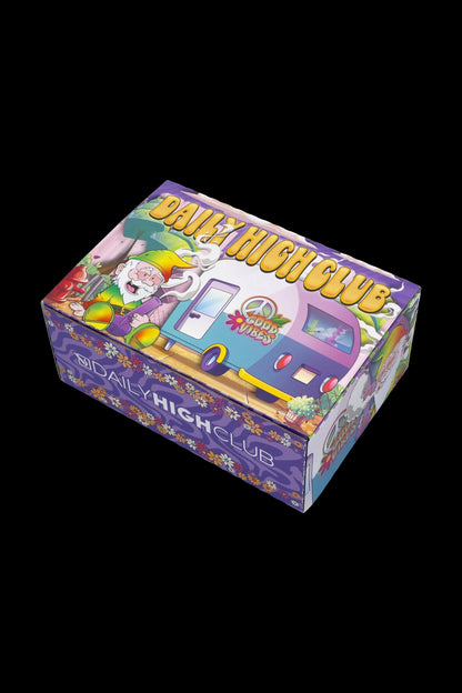 Colorful box labeled “Daily High Club” with psychedelic artwork of a vintage camper van and whimsical characters.