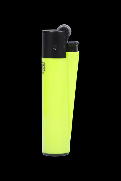 Neon yellow lighter isolated on a black background.