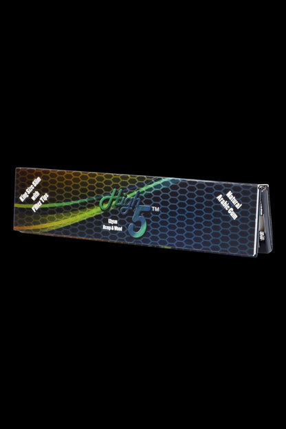 Pack of High5 rolling papers with filter tips, showcasing a green and gold hexagonal design on a black background.