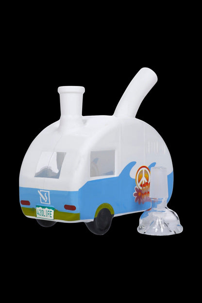 Glass camper van water pipe with peace sign decal and “420LIFE” license plate.