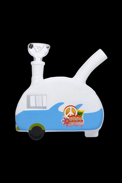 Glass water pipe shaped like a vintage VW van with peace sign and flower decals.