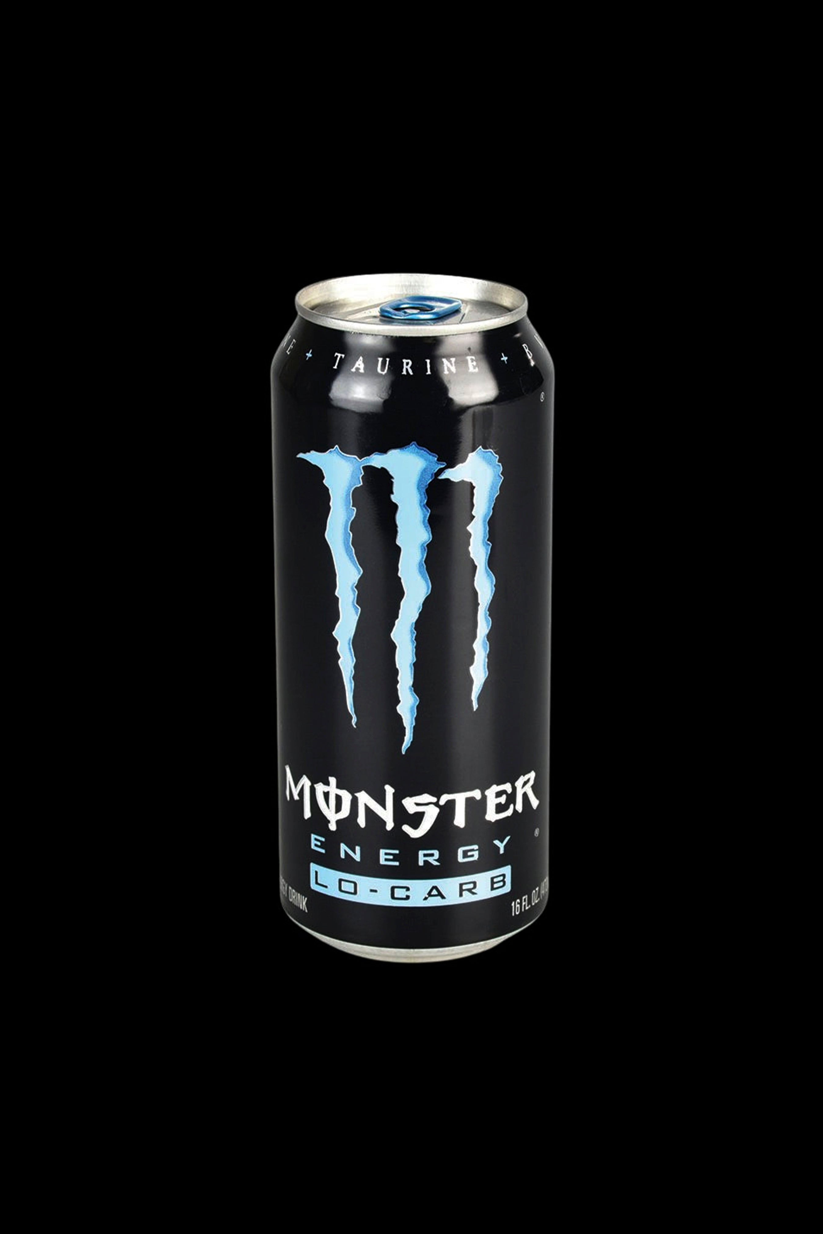 Blue Monster Energy drink can against a white background, often paired with cannabis consumption.