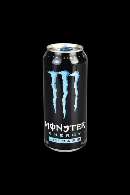 Blue Monster Energy drink can against a white background, often paired with cannabis consumption.