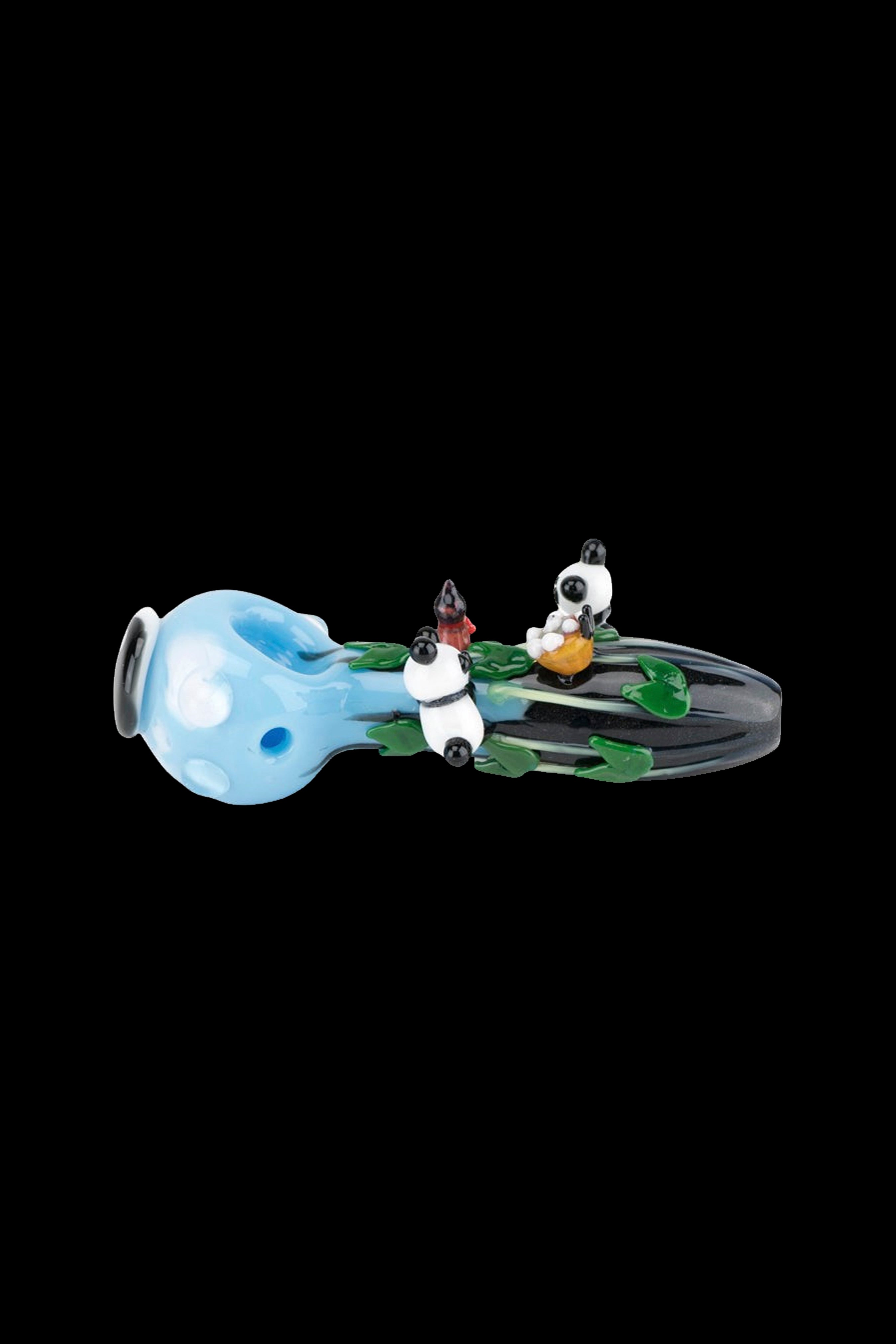 Blue glass pipe decorated with sculpted glass penguins on a dark green base, isolated on a black background.