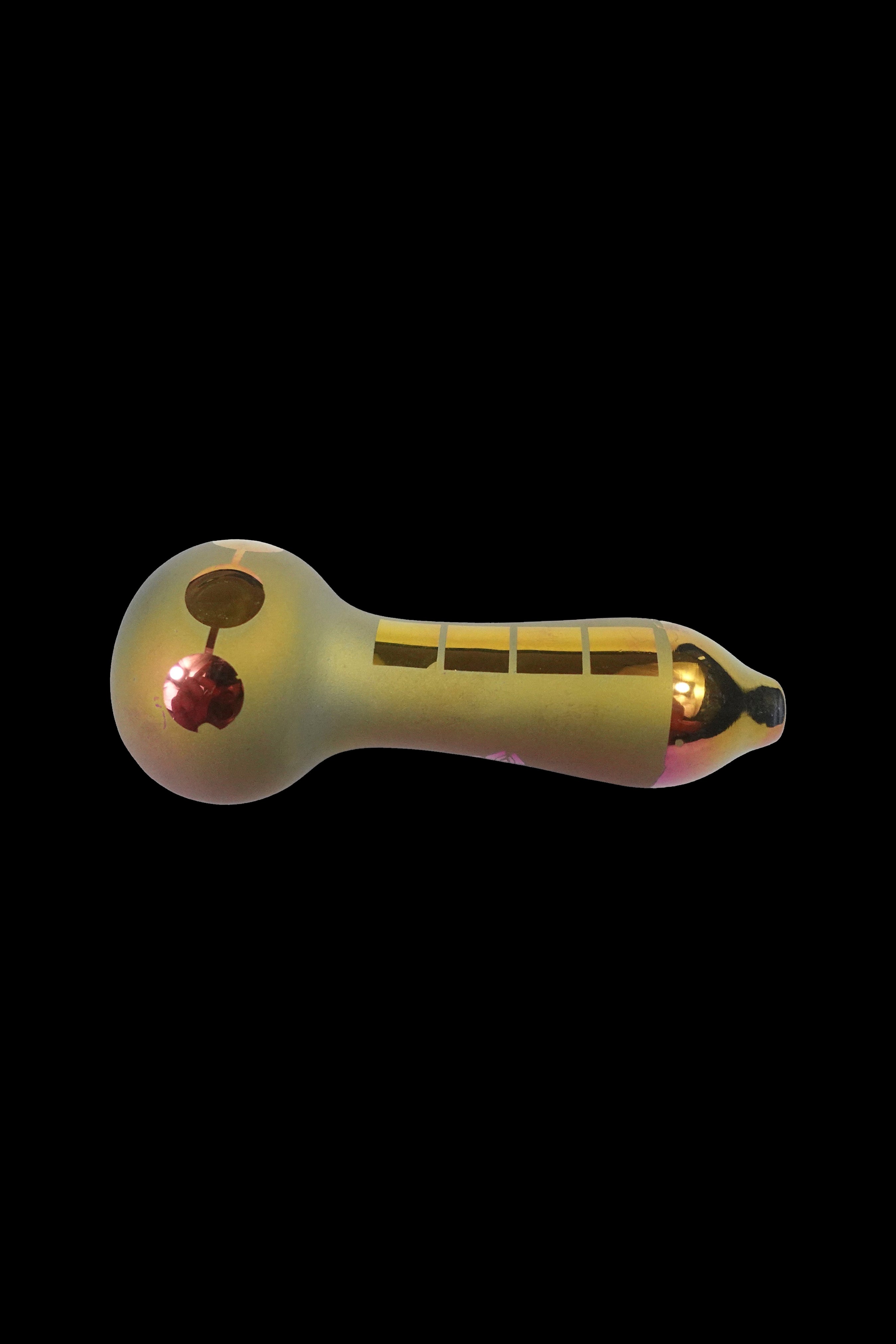 Glass smoking pipe with iridescent yellow finish and red accents.