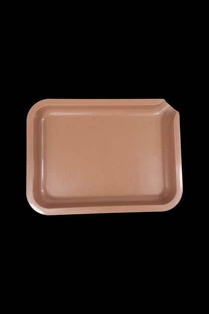 Brown rolling tray on a black background.