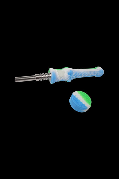 Blue and teal silicone dab tool and carb cap for cannabis concentrate.