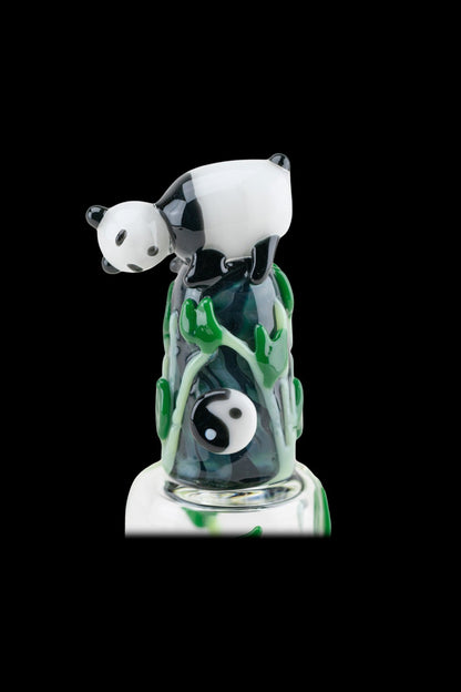 Glass water pipe shaped like a bamboo stalk with a panda clinging to the top, featuring a yin and yang symbol within the glass.