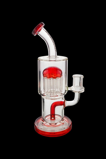 Red and clear glass bubbler water pipe with diffusion stem.