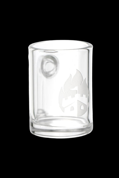 Clear glass cannabis rig bubbler with etched leaf design.