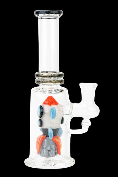 Glass bubbler water pipe with colorful rocket ship design.