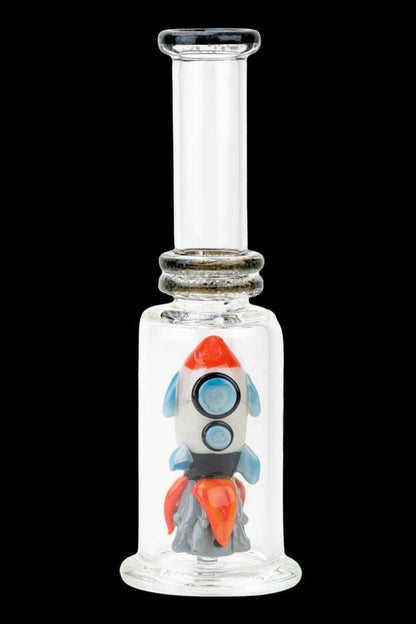 Clear glass bubbler water pipe with a colorful rocket ship design inside.