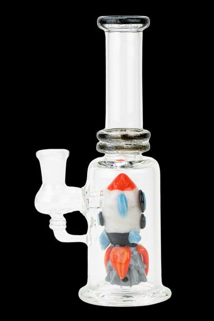 Glass water pipe featuring a colorful rocket ship design.