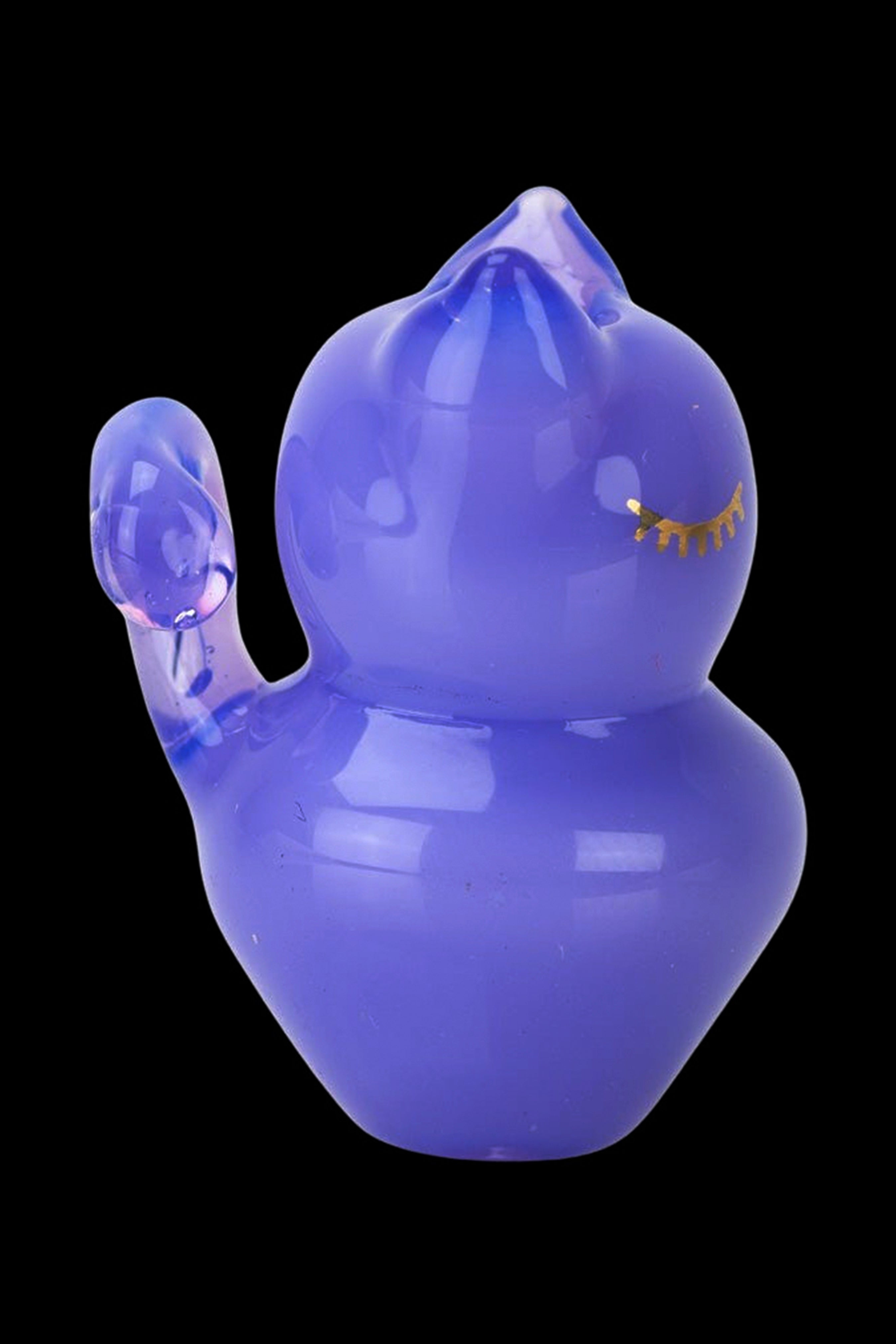 Blue glass bubbler with a rounded body and curved mouthpiece.