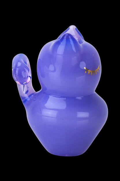 Blue glass bubbler with a rounded body and curved mouthpiece.