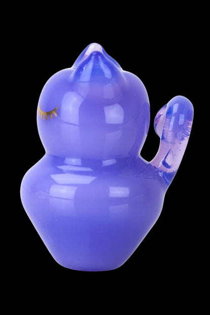 Blue glass water pipe shaped like a duck with a textured mouthpiece.