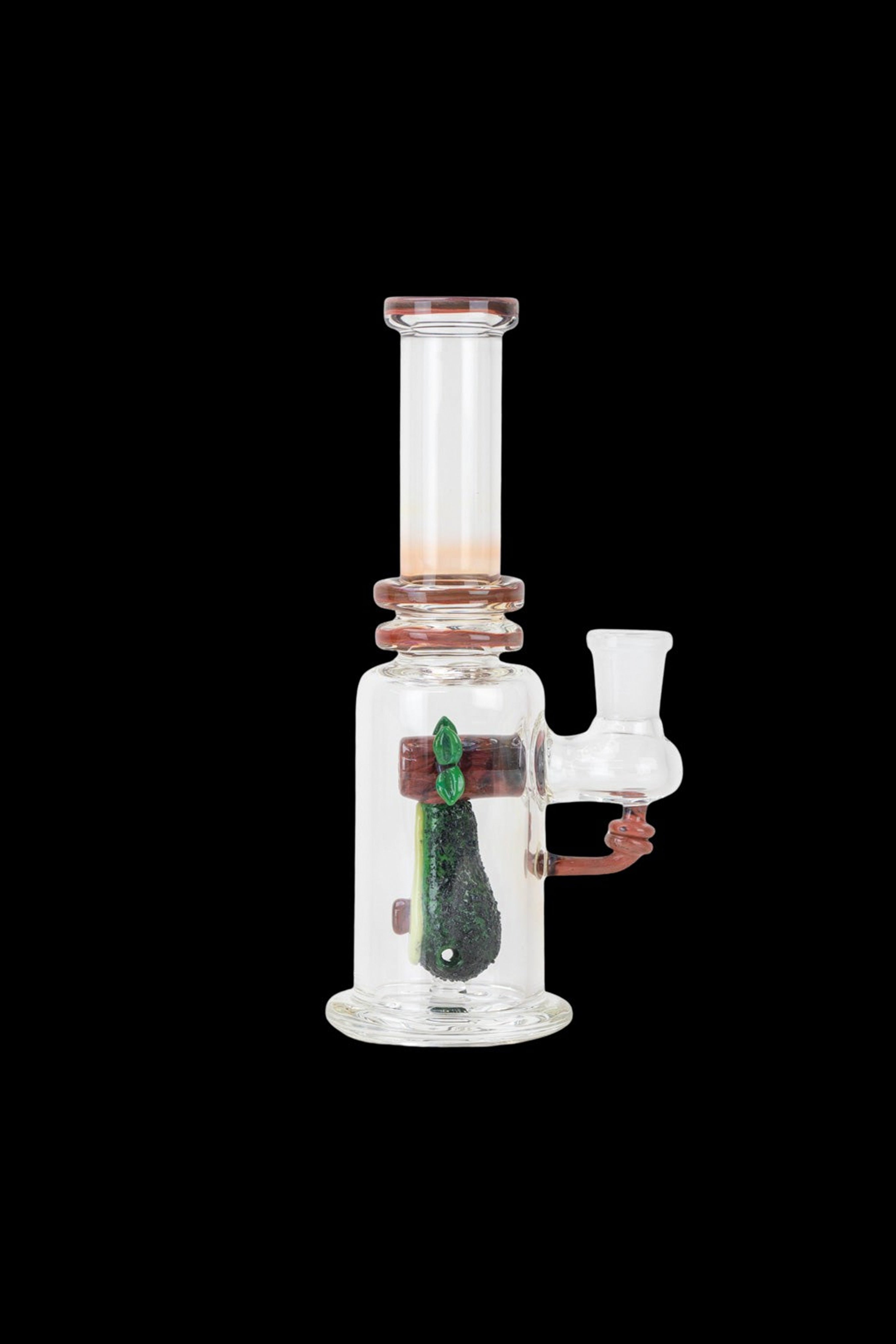 Glass water pipe with green and purple sculpted cannabis bud inside.