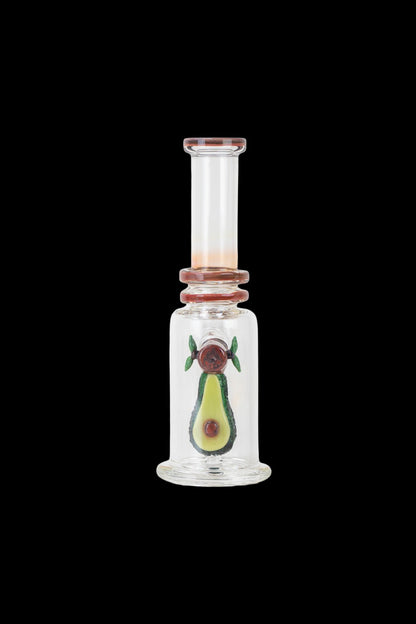 Glass bubbler water pipe with avocado-themed design.