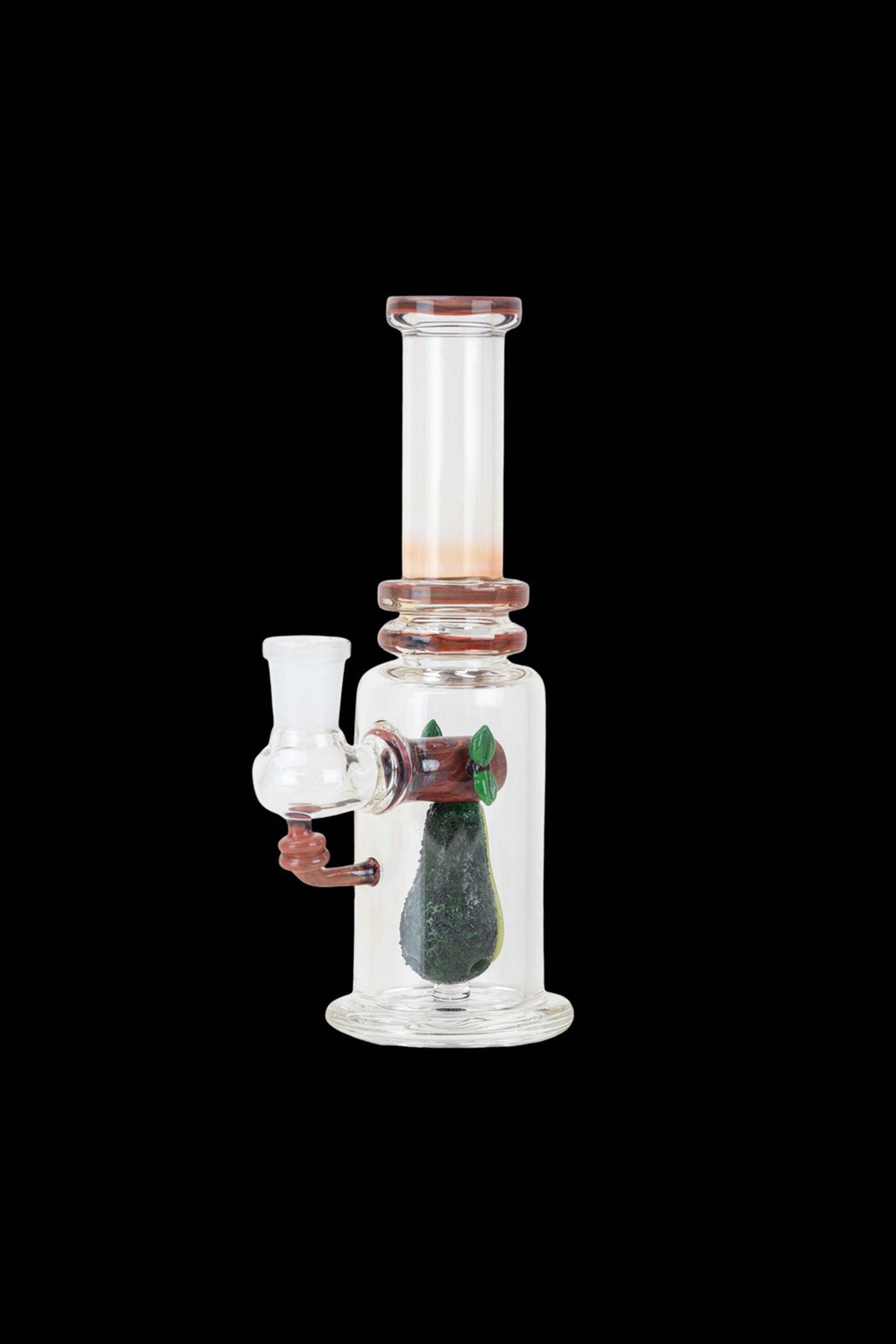 Glass water pipe with green and red accents, isolated on a black background.