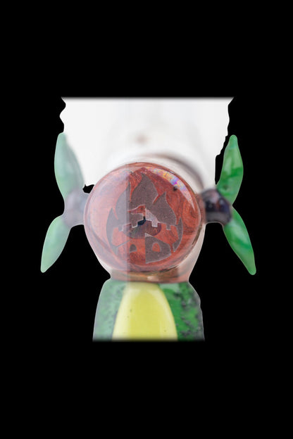 Red and green glass cannabis water pipe.