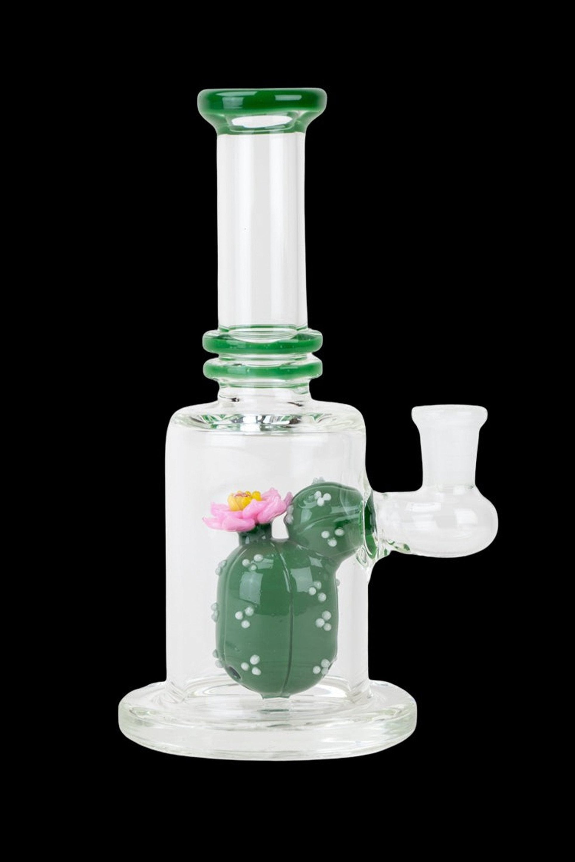 Glass water pipe with a sculpted cactus and pink flower inside.