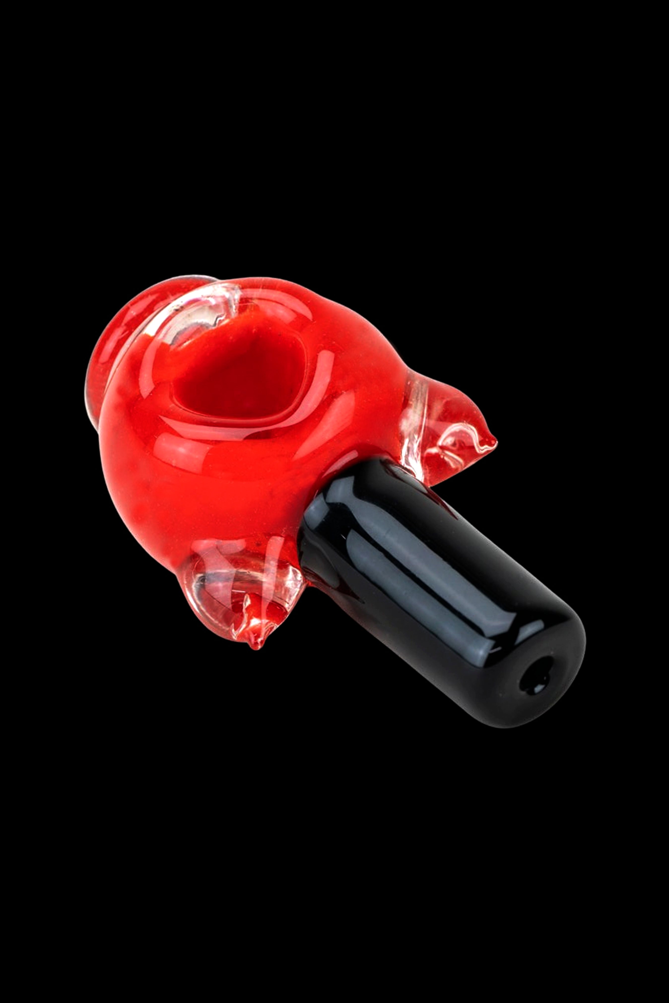 Red and black glass pipe for smoking cannabis.