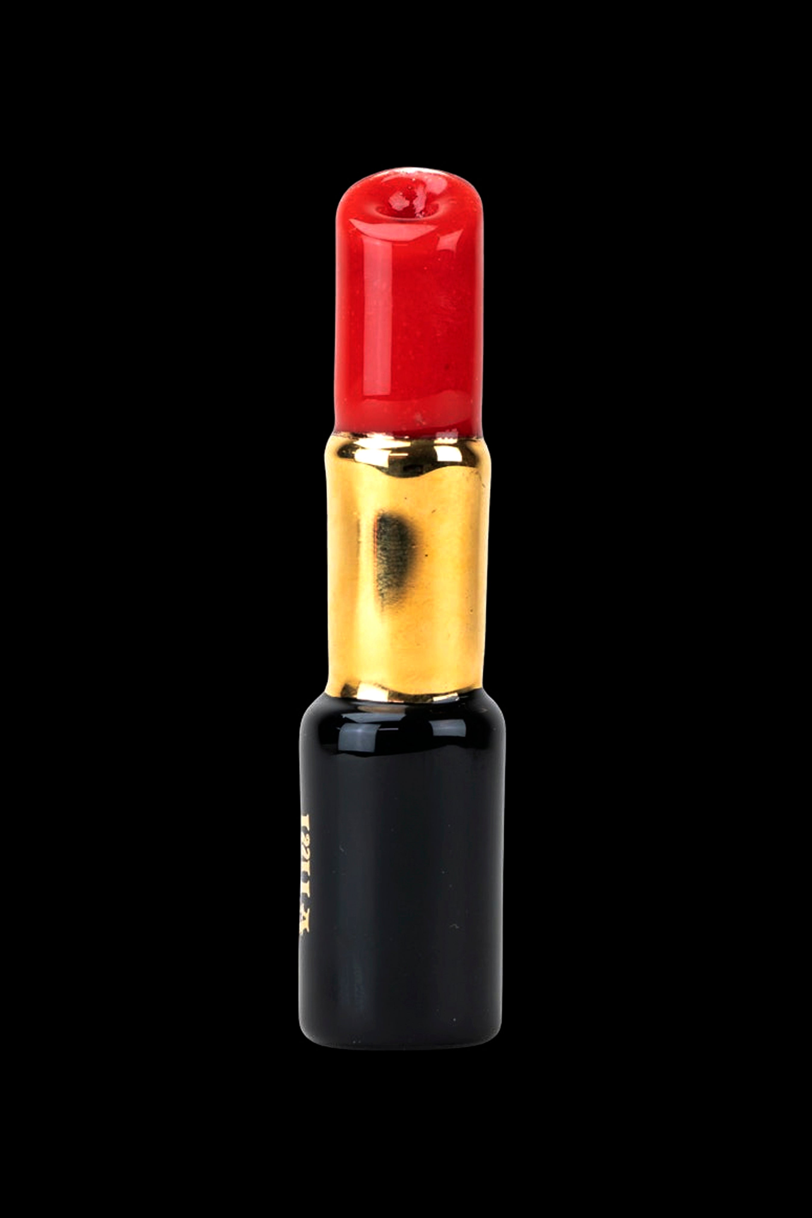 Red and gold cannabis oil vape cartridge on a black background.