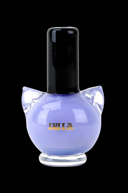 Lavender-colored glass water pipe with black mouthpiece.