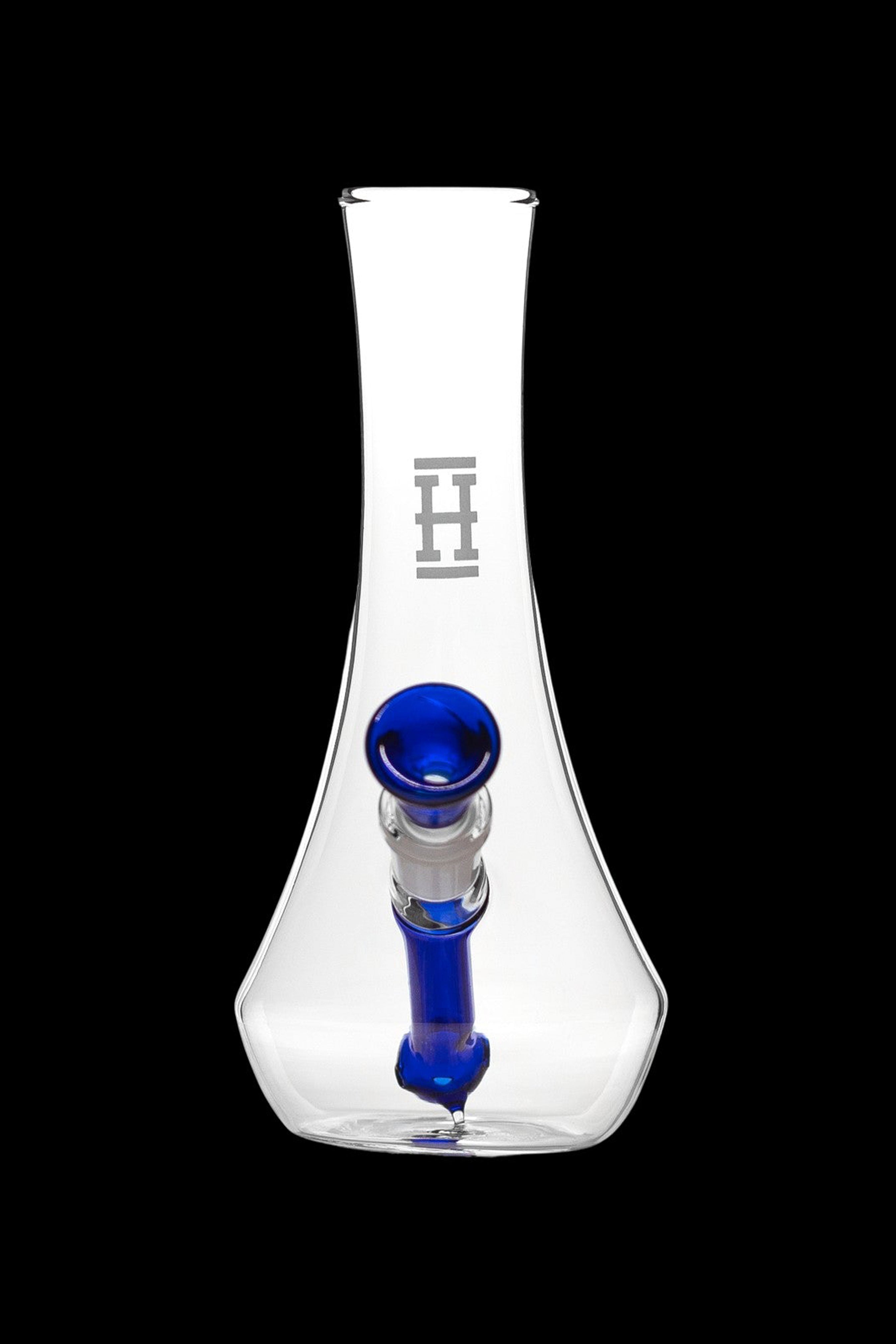 Clear glass bong with a blue downstem and etched logo.