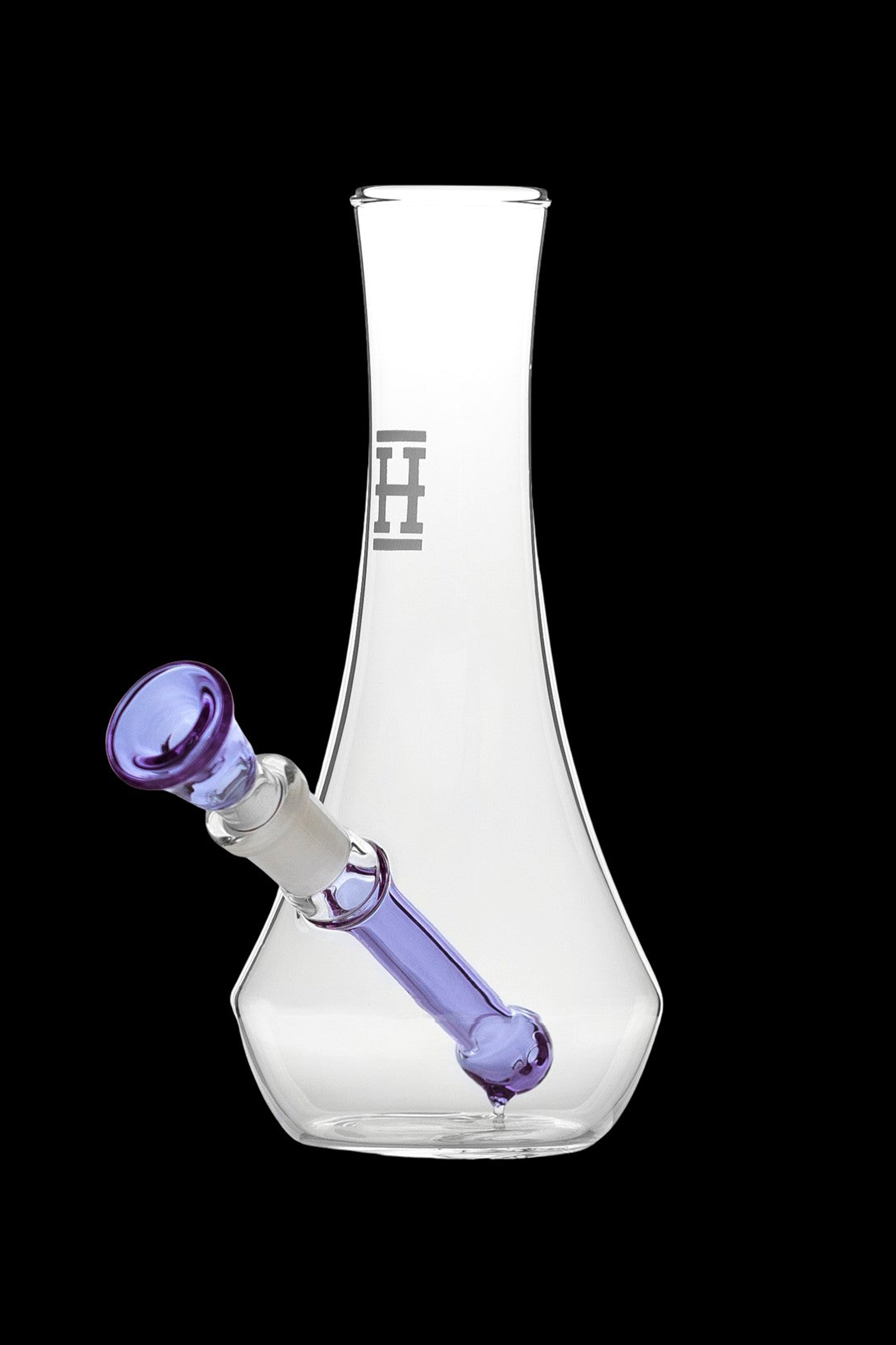 Clear glass bong with a purple and white downstem.