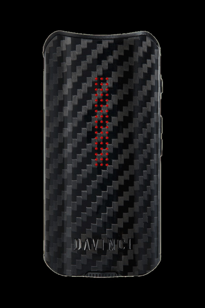 Black carbon fiber vaporizer with red digital display, branded "Davinci."