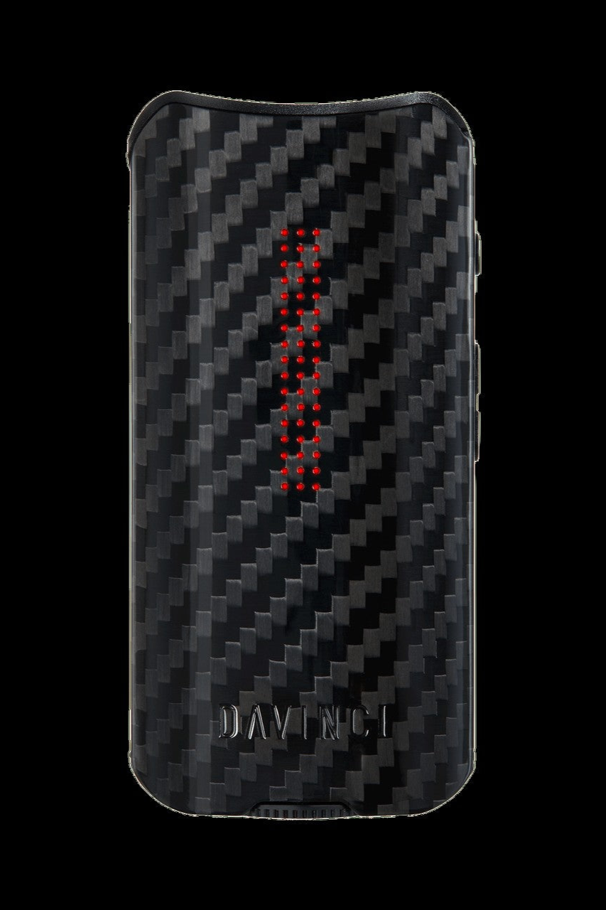 Black carbon fiber vaporizer with red digital display, branded "Davinci."