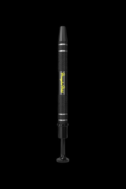 Black and silver dab tool with gold branding against a black background.