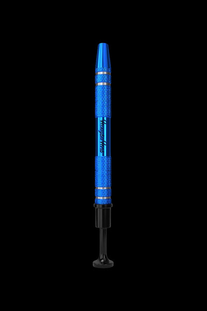 Blue cannabis dab pen against a black background.