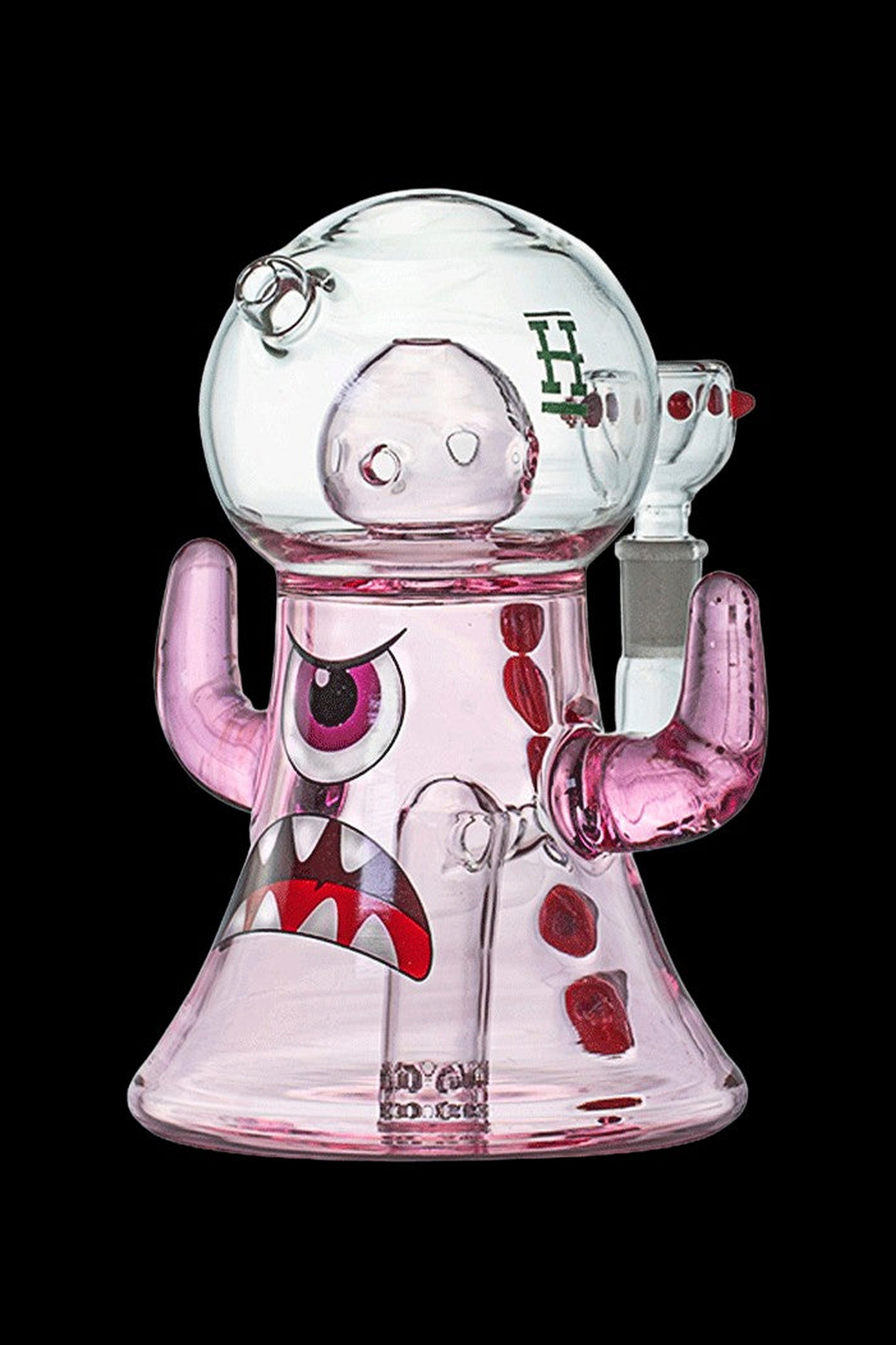 Glass water pipe shaped like a cartoon monster with a wide-open mouth and googly eyes.