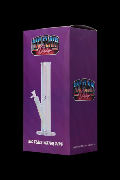 Purple box for Ric Flair Drip water pipe, featuring a glass smoking device and branding.