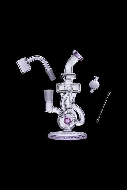Clear glass dab rig with purple accents, including a quartz banger, carb cap, and dab tool, displayed against a black background.