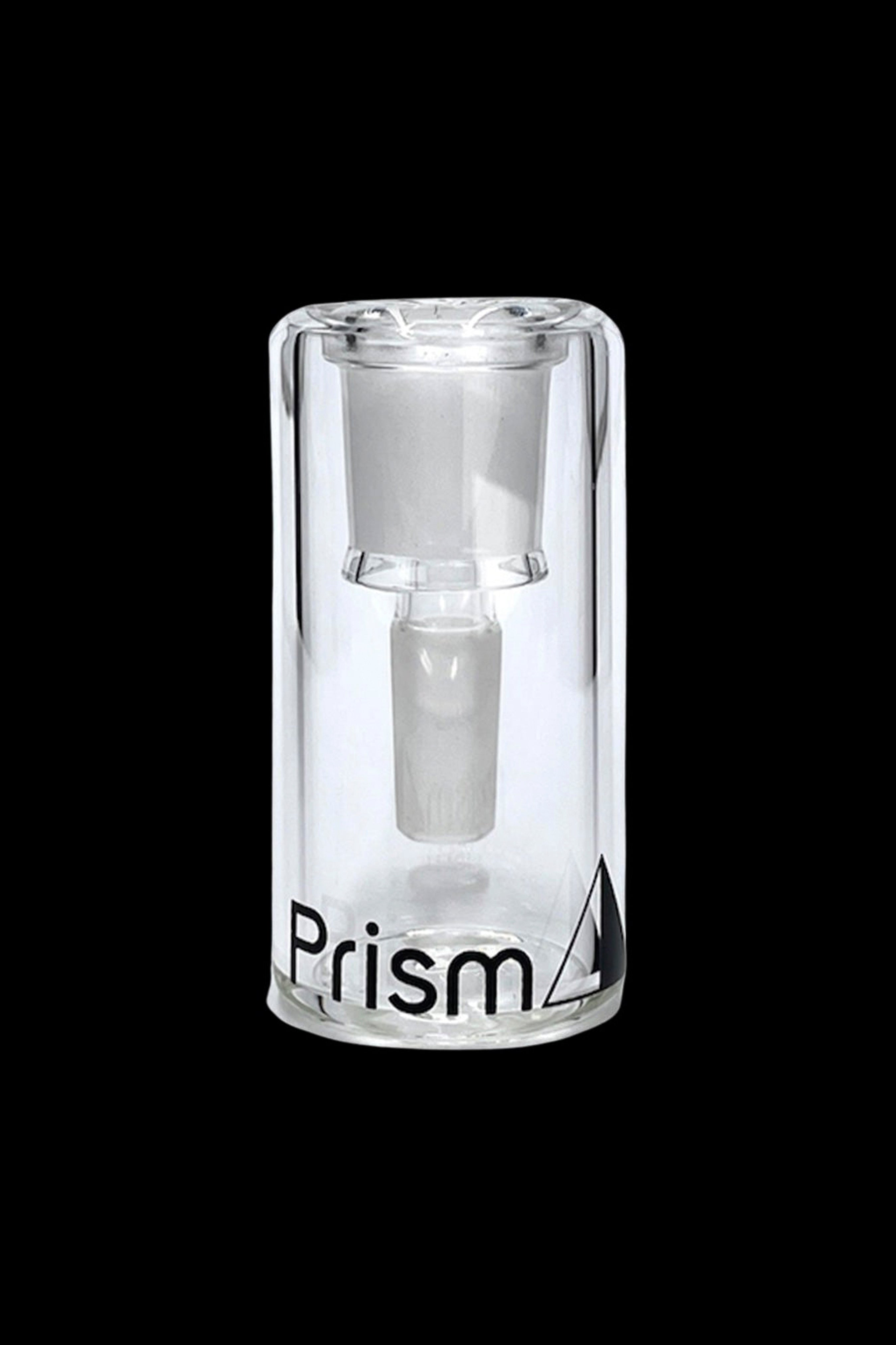 Clear glass cannabis concentrate carb cap with "Prism" logo.