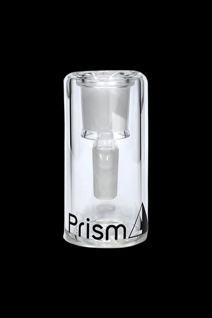 Clear glass cannabis concentrate carb cap with "Prism" logo.
