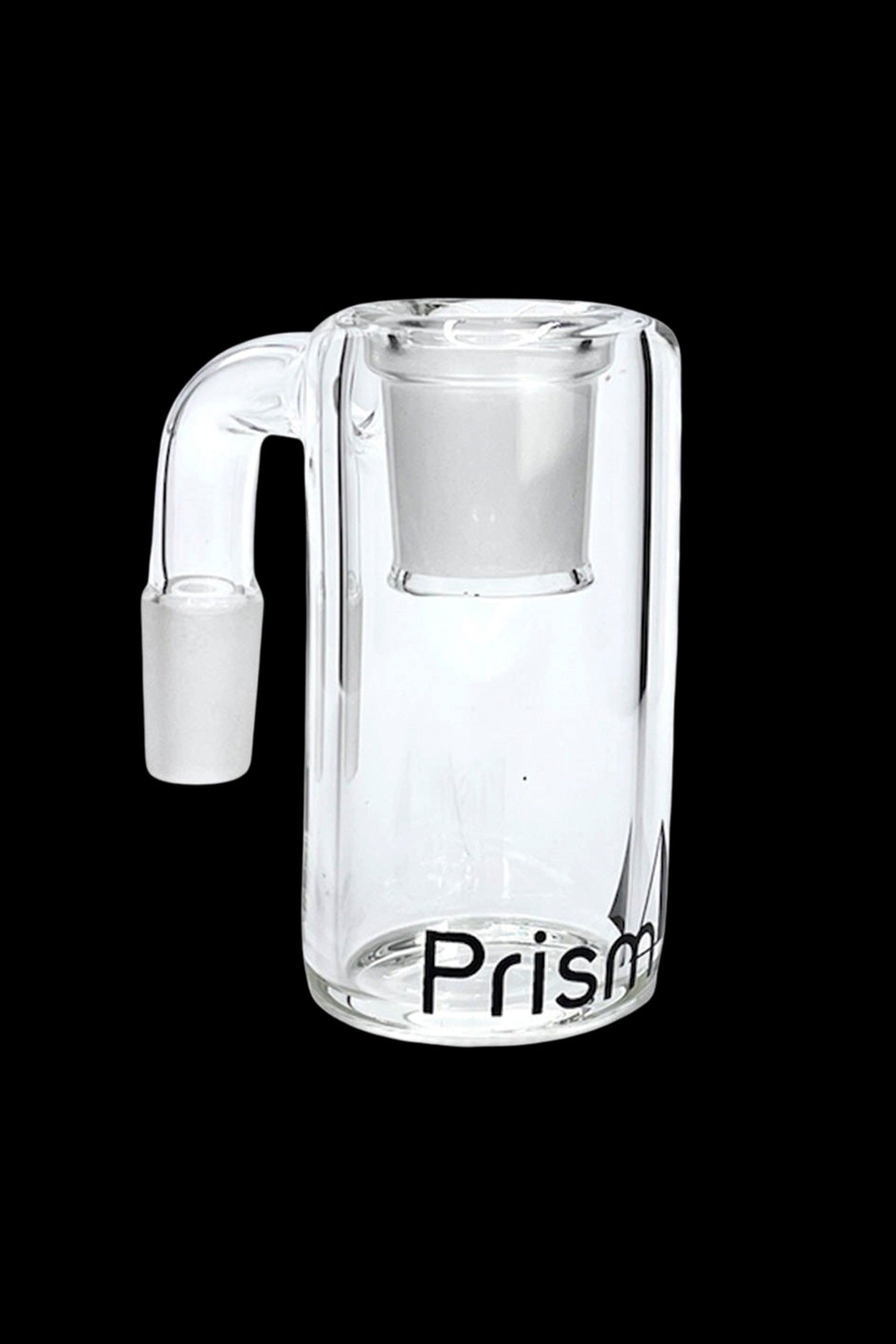 Clear glass bubbler with “Prism” logo, used for smoking cannabis.