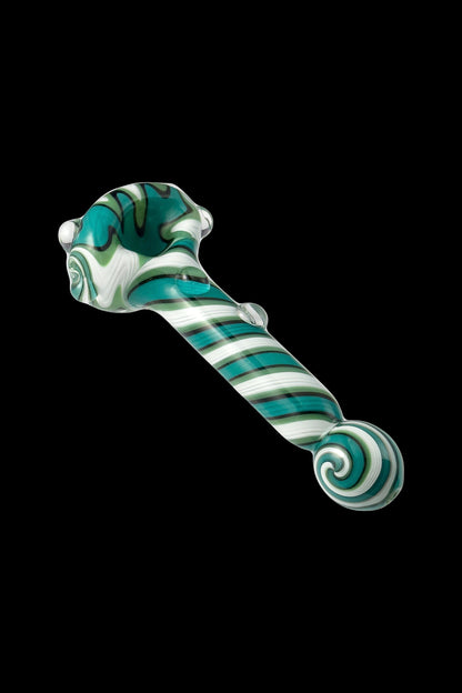 Hand-blown glass cannabis pipe with green and white swirl pattern.