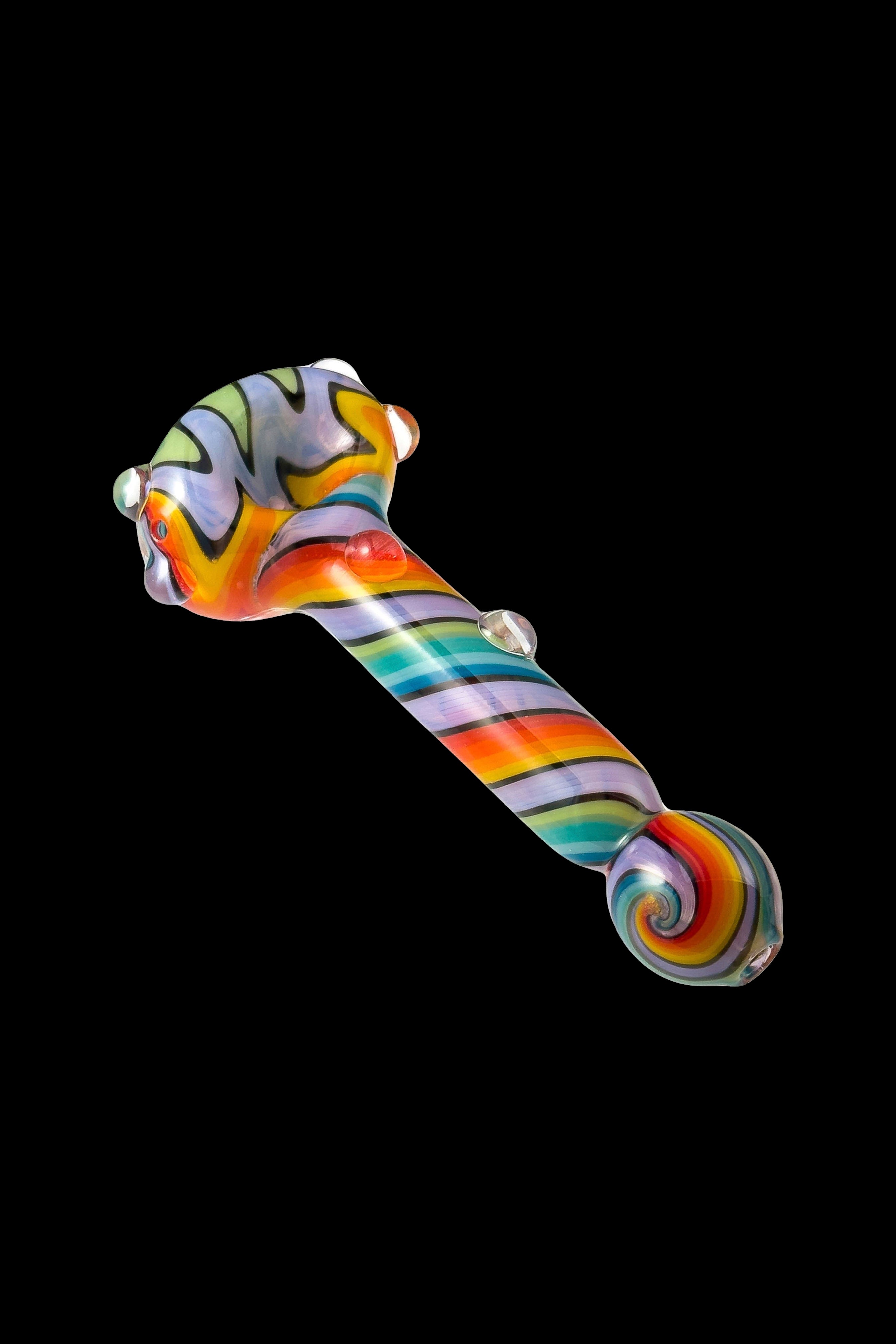 Colorful glass pipe with swirling rainbow pattern and sculpted mouthpiece.