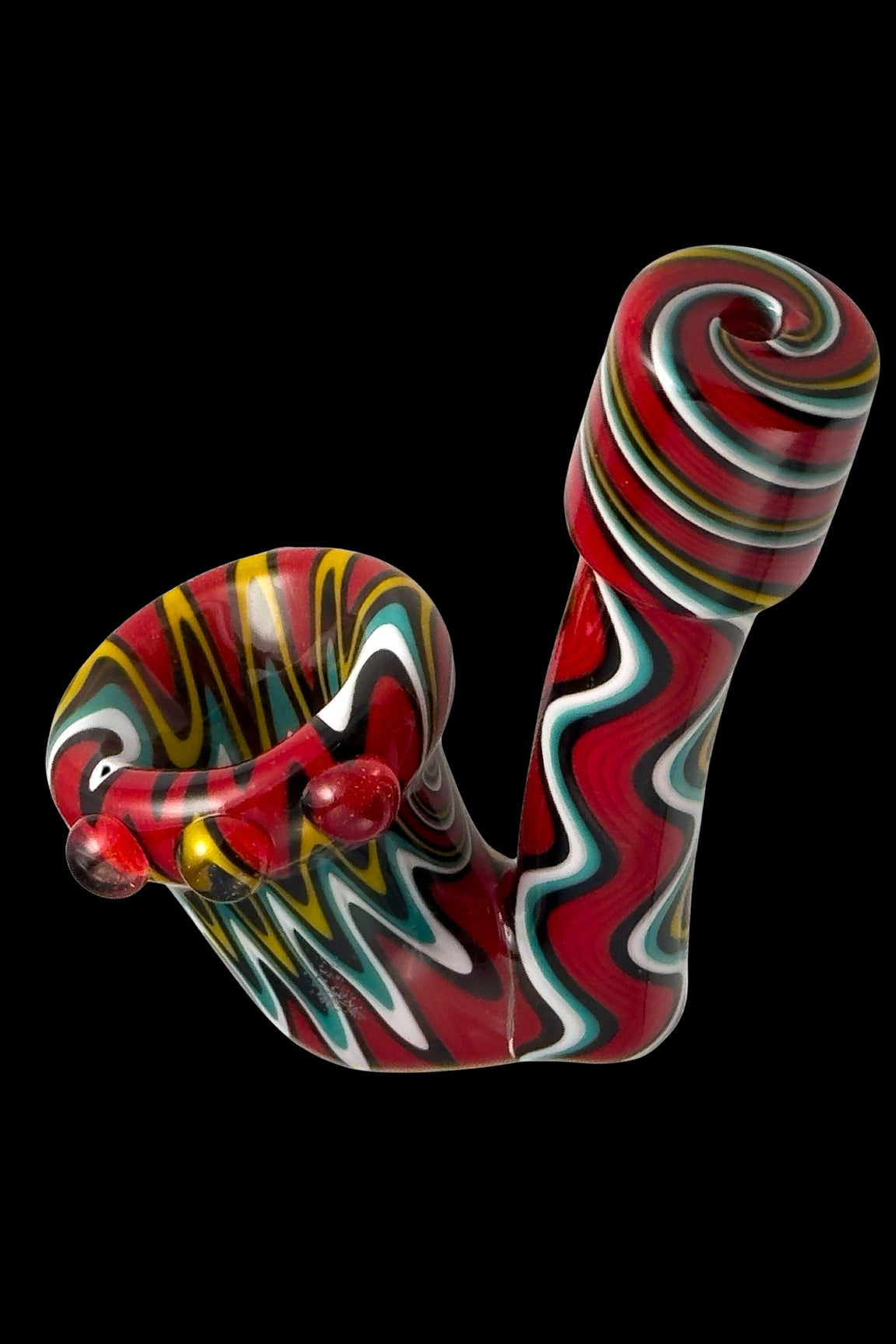 Hand-blown glass pipe with red, white, and green swirling patterns.