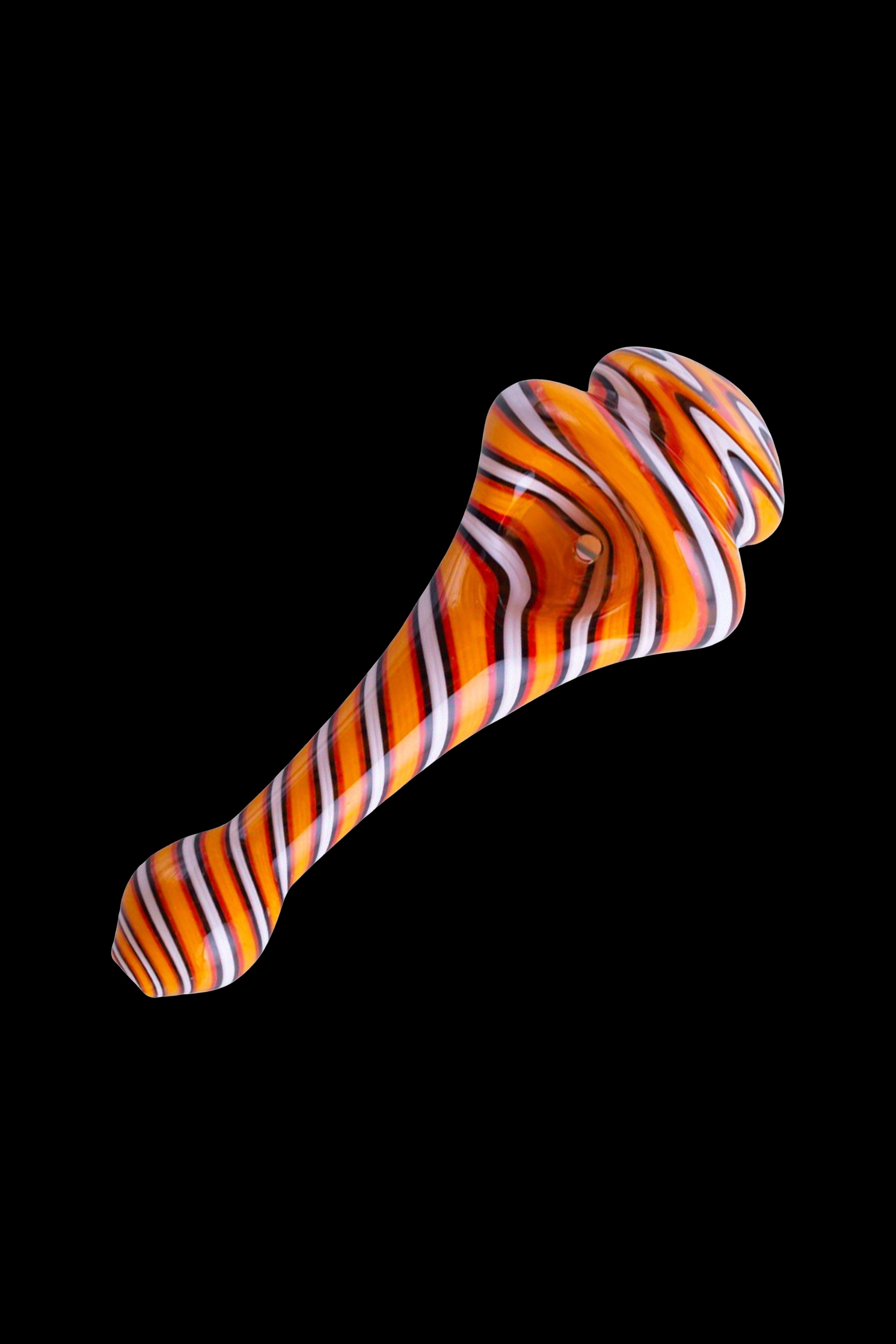 Hand pipe with orange and white striped glass.